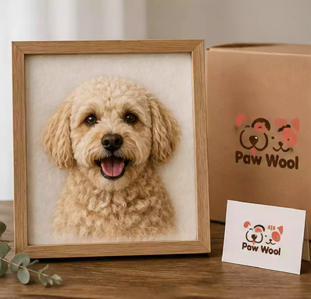 Finished needle felted framed pet portrait ready for shipping, signed by PawWool artist