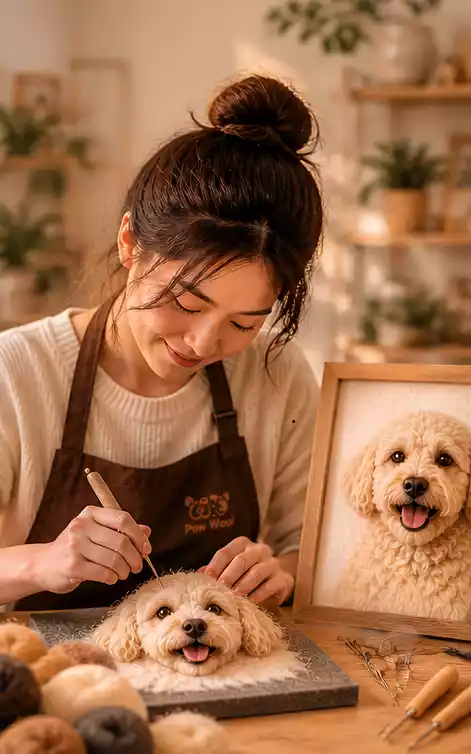 PawWool wool artist needle felting a custom pet portrait in the studio